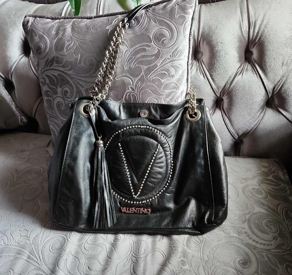 Valentino Black Leather Shoulder Bag with Chain Strap Two Side Hidden  Pockets (